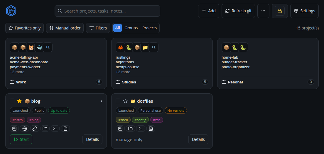 The Granspace dashboard listing projects